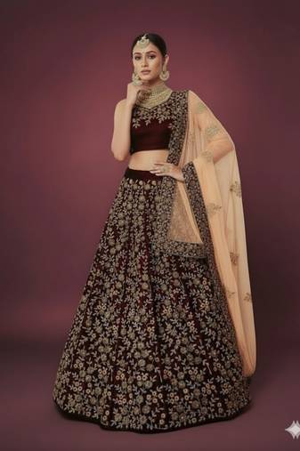 Trendmalls Women's Maroon Velvet Sequence Embroidery Bridal Lehenga Choli with Net Dupatta