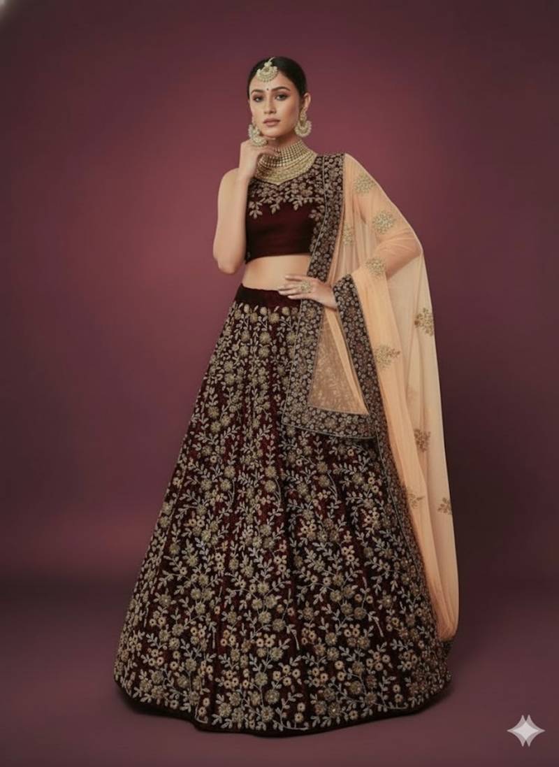Trendmalls Women's Maroon Velvet Sequence Embroidery Bridal Lehenga Choli with Net Dupatta