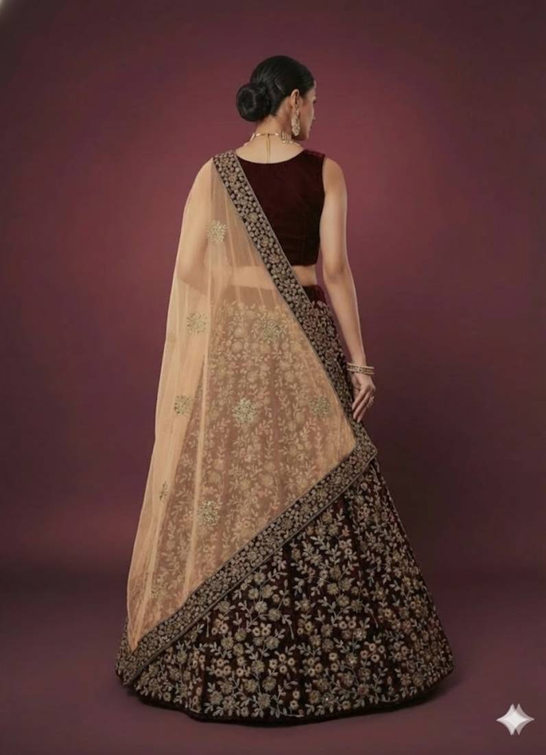 Trendmalls Women's Maroon Velvet Sequence Embroidery Bridal Lehenga Choli with Net Dupatta