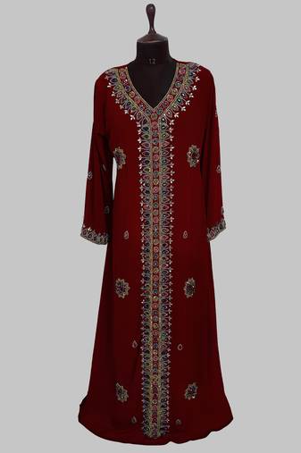 Maroon Golden multicolor stone and  Beads Moroccan Kaftan With hijab 
