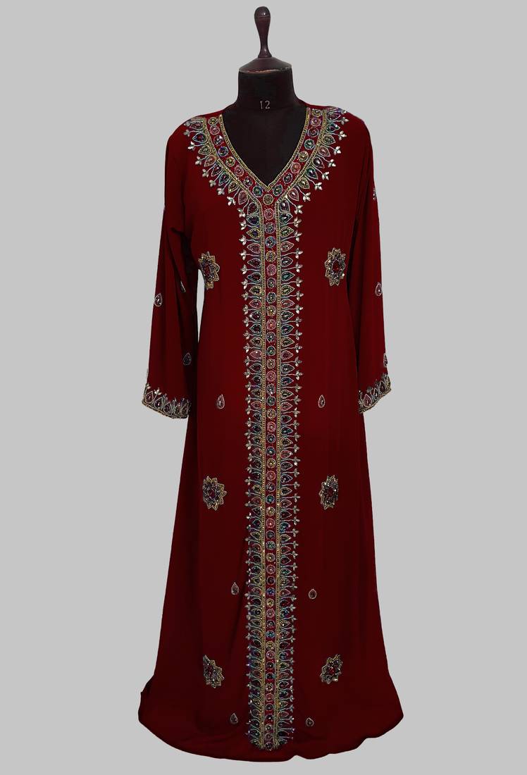 Maroon Golden multicolor stone and  Beads Moroccan Kaftan With hijab 