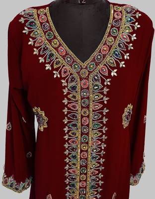 Maroon Golden multicolor stone and  Beads Moroccan Kaftan With hijab  2