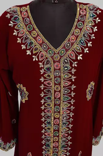 Maroon Golden multicolor stone and  Beads Moroccan Kaftan With hijab 