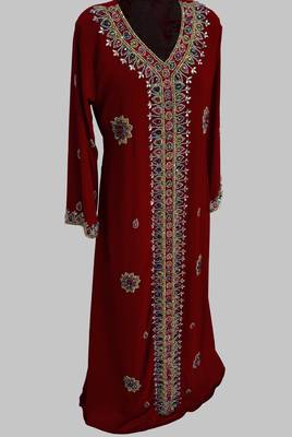Maroon Golden multicolor stone and  Beads Moroccan Kaftan With hijab  3