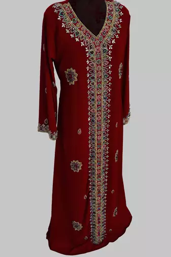 Maroon Golden multicolor stone and  Beads Moroccan Kaftan With hijab 