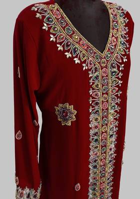 Maroon Golden multicolor stone and  Beads Moroccan Kaftan With hijab  4