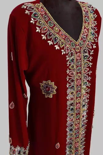 Maroon Golden multicolor stone and  Beads Moroccan Kaftan With hijab 
