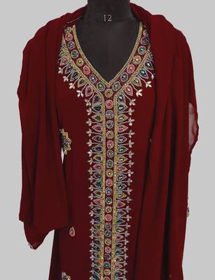 Maroon Golden multicolor stone and  Beads Moroccan Kaftan With hijab  5