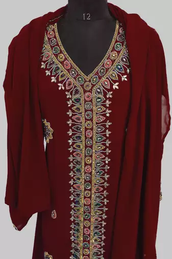 Maroon Golden multicolor stone and  Beads Moroccan Kaftan With hijab 