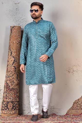 Sky blue rayon sequin embroidered kurta – festive and ethnic wear