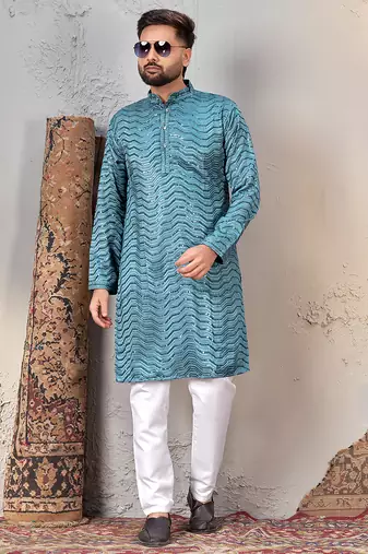 Sky blue rayon sequin embroidered kurta – festive and ethnic wear