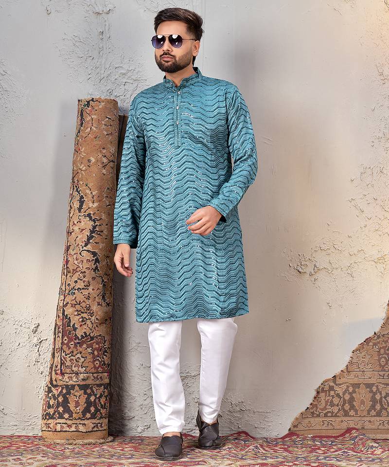 Sky blue rayon sequin embroidered kurta – festive and ethnic wear
