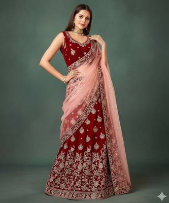 Trendmalls Women's Maroon Velvet Heavy Embroidery Work Wedding Lahenga Choli With Dupatta 1