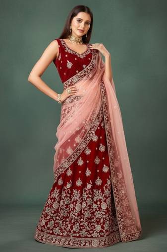 Trendmalls Women's Maroon Velvet Heavy Embroidery Work Wedding Lahenga Choli With Dupatta