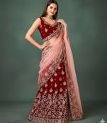 Trendmalls Women's Maroon Velvet Heavy Embroidery Work Wedding Lahenga Choli With Dupatta