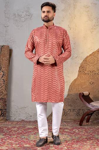 Dark peach rayon sequin embroidered kurta     festive and ethnic wear