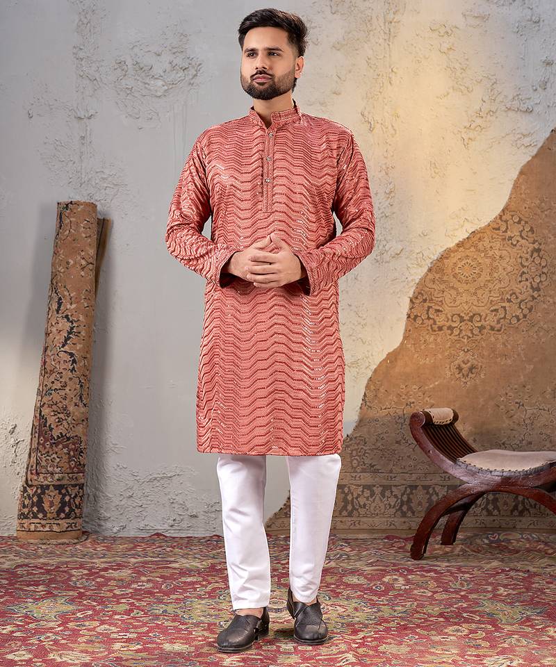 Dark peach rayon sequin embroidered kurta     festive and ethnic wear