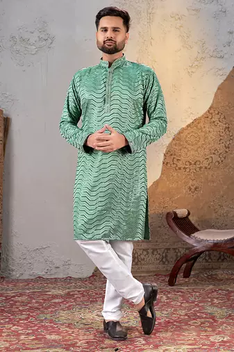 Sea green rayon sequin embroidered kurta     festive and ethnic wear