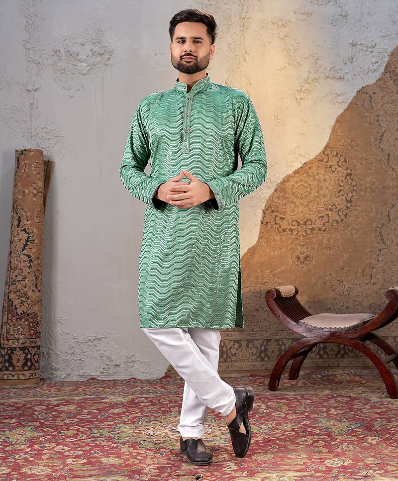 Sea green rayon sequin embroidered kurta     festive and ethnic wear