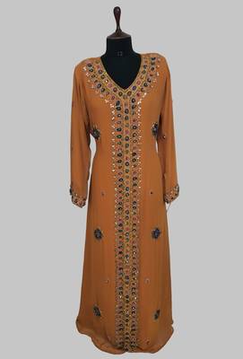 Mustard Golden multicolor stone and  Beads Moroccan Kaftan With hijab  1