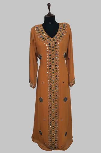 Mustard Golden multicolor stone and  Beads Moroccan Kaftan With hijab 