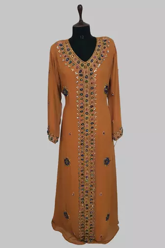 Mustard Golden multicolor stone and  Beads Moroccan Kaftan With hijab 