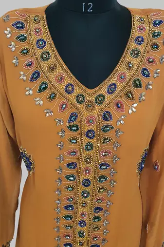 Mustard Golden multicolor stone and  Beads Moroccan Kaftan With hijab 