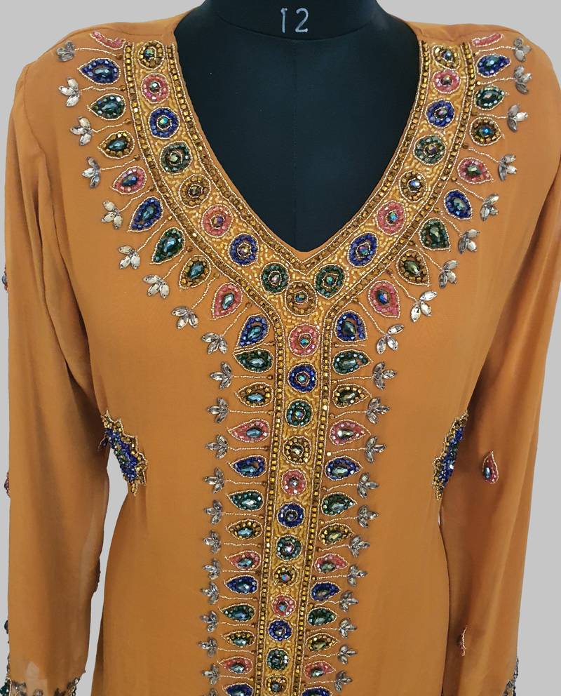 Mustard Golden multicolor stone and  Beads Moroccan Kaftan With hijab 