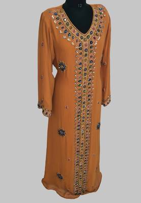 Mustard Golden multicolor stone and  Beads Moroccan Kaftan With hijab  3