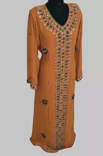 Mustard Golden multicolor stone and  Beads Moroccan Kaftan With hijab 