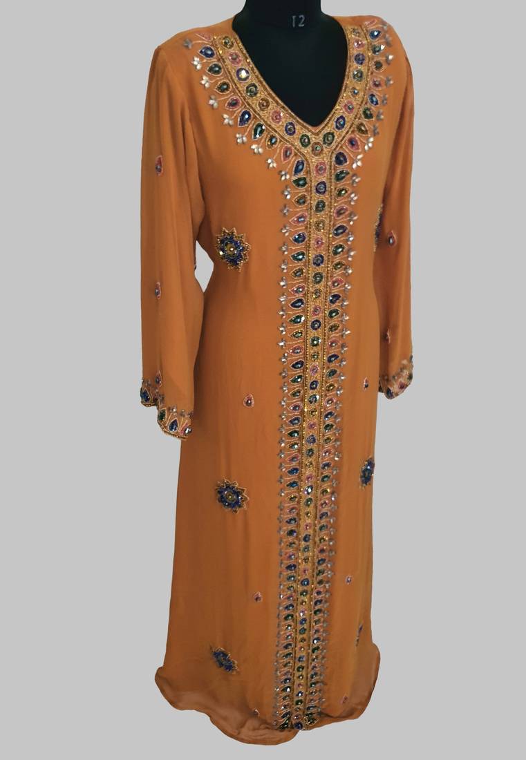 Mustard Golden multicolor stone and  Beads Moroccan Kaftan With hijab 