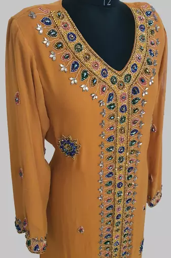 Mustard Golden multicolor stone and  Beads Moroccan Kaftan With hijab 