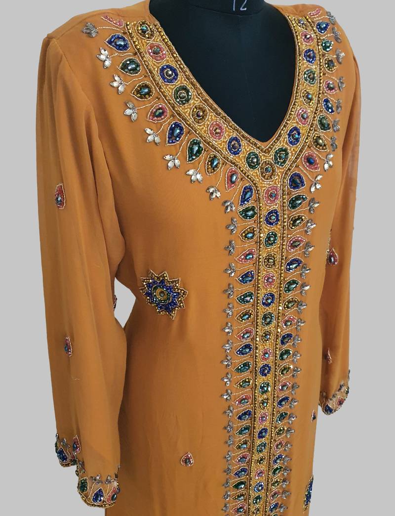 Mustard Golden multicolor stone and  Beads Moroccan Kaftan With hijab 