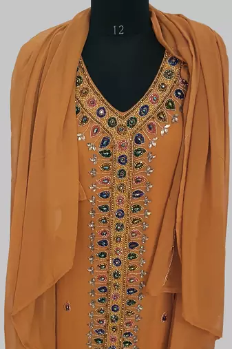 Mustard Golden multicolor stone and  Beads Moroccan Kaftan With hijab 