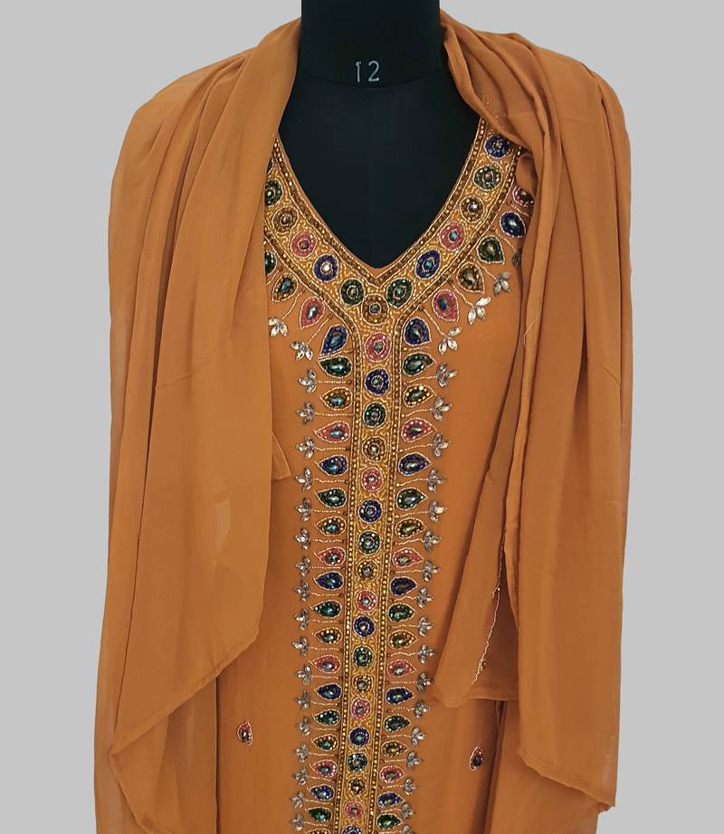 Mustard Golden multicolor stone and  Beads Moroccan Kaftan With hijab 
