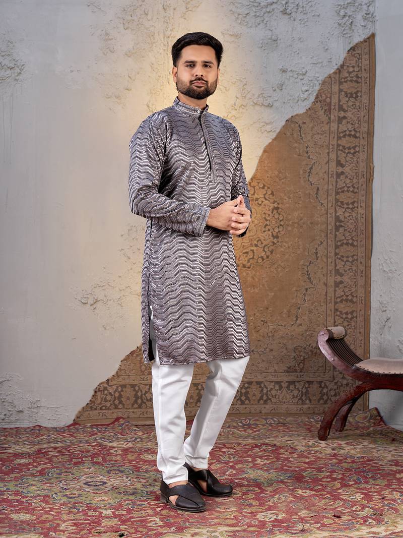 Grey rayon sequin embroidered kurta     festive and ethnic wear