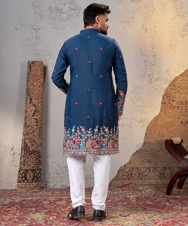 Navy blue star georgette embroidered kurta     festive and ethnic wear