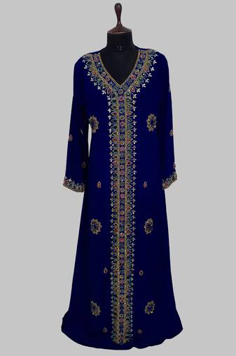 Navy Blue Golden multicolor stone and  Beads Moroccan Kaftan With hijab 