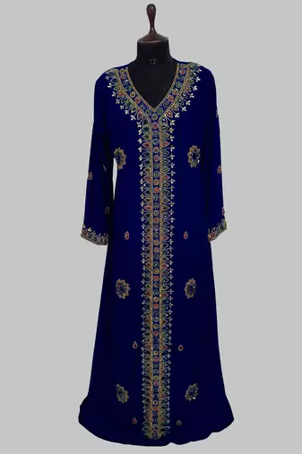 Navy Blue Golden multicolor stone and  Beads Moroccan Kaftan With hijab 