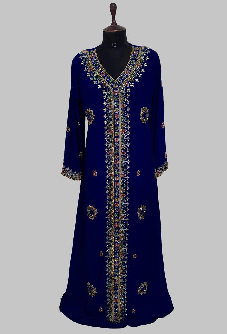 Navy Blue Golden multicolor stone and  Beads Moroccan Kaftan With hijab 