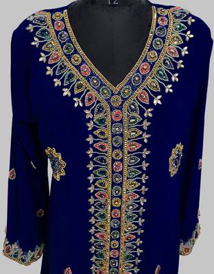 Navy Blue Golden multicolor stone and  Beads Moroccan Kaftan With hijab  2
