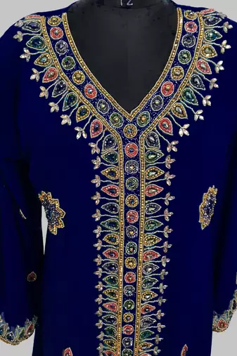 Navy Blue Golden multicolor stone and  Beads Moroccan Kaftan With hijab 