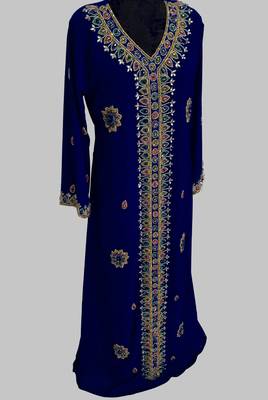 Navy Blue Golden multicolor stone and  Beads Moroccan Kaftan With hijab  3