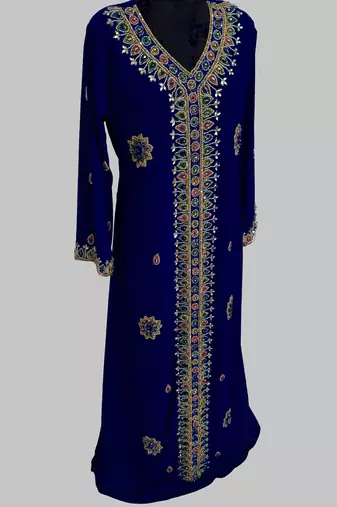 Navy Blue Golden multicolor stone and  Beads Moroccan Kaftan With hijab 