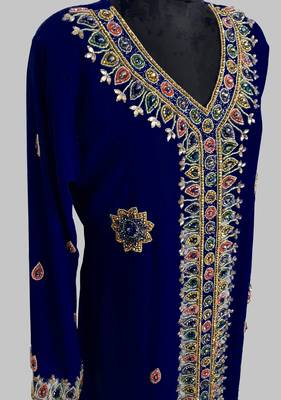 Navy Blue Golden multicolor stone and  Beads Moroccan Kaftan With hijab  4