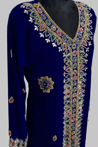 Navy Blue Golden multicolor stone and  Beads Moroccan Kaftan With hijab 