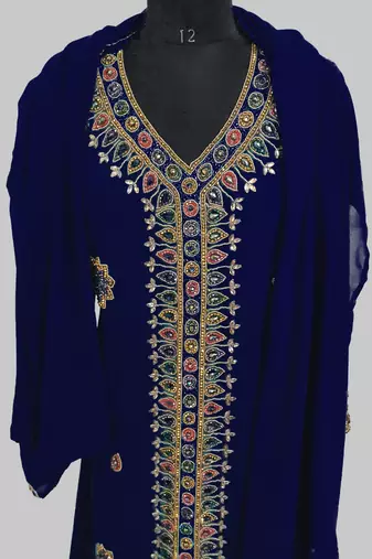 Navy Blue Golden multicolor stone and  Beads Moroccan Kaftan With hijab 