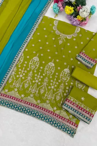 Green chinon sharara suit with embroidered sequin & mirror 