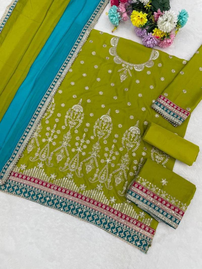 Green chinon semi stitched sharara suit with embroidered sequence & mirror work