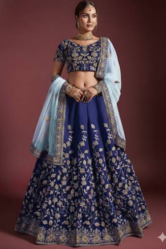 Navy Blue Embroidered Silk Semi Stitched Wedding Bridal Heavy Lehenga Choli For Women